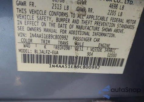 2009 Nissan Maxima 3.5 Sv z USA, uszkodzony, nr VIN 1N4AA51E89C800992